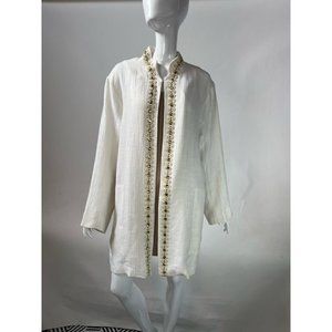 Vintage Eskandar Womens Achkan Evening Jacket Ivory Open Front Linen Beaded XL